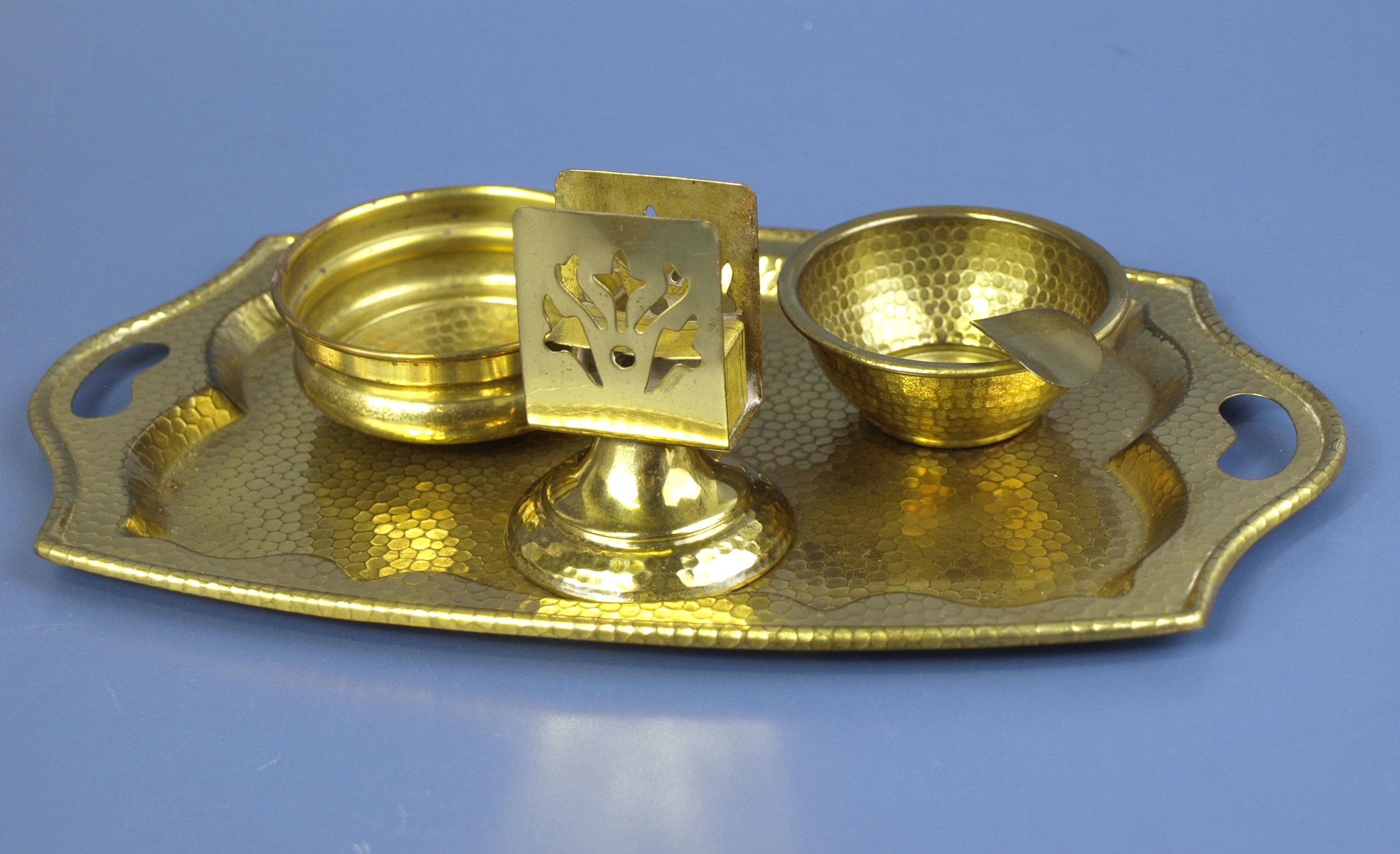 Vintage Hammered Brass Personal Smoking Set With Tray, Matchbox