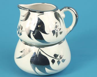 Vintage Sandland Ware Porcelain Creamer and Sugar Bowl Set # 696 Silver Luster Band, Leaves and Trim Lancaster & Sandland c 1949 England