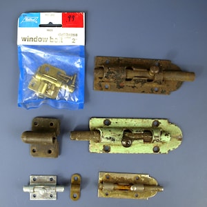 Vintage Sliding Bolt Locks & Brass Window Bolts - Heavy Duty Door Latch Locks New, Old Stock - 5 latches 3 catches lot - good condition