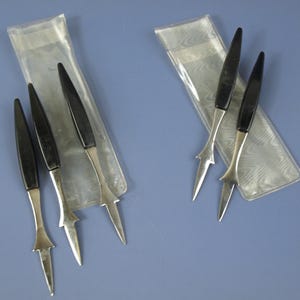 Vintage MCM Stainless Black Handle Cocktail Picks - Set of 5 in Original Cases- Made in Japan - 4.25&quot; - Great Cond -Charcuterie App Picks