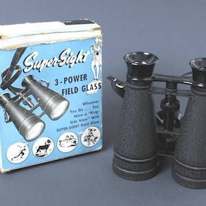 Mira telescópica vintage Super-Sight 3 Power Field en su caja original de Central Die Casting and Mfg Co. Chicago, EE. UU., en buen estado.