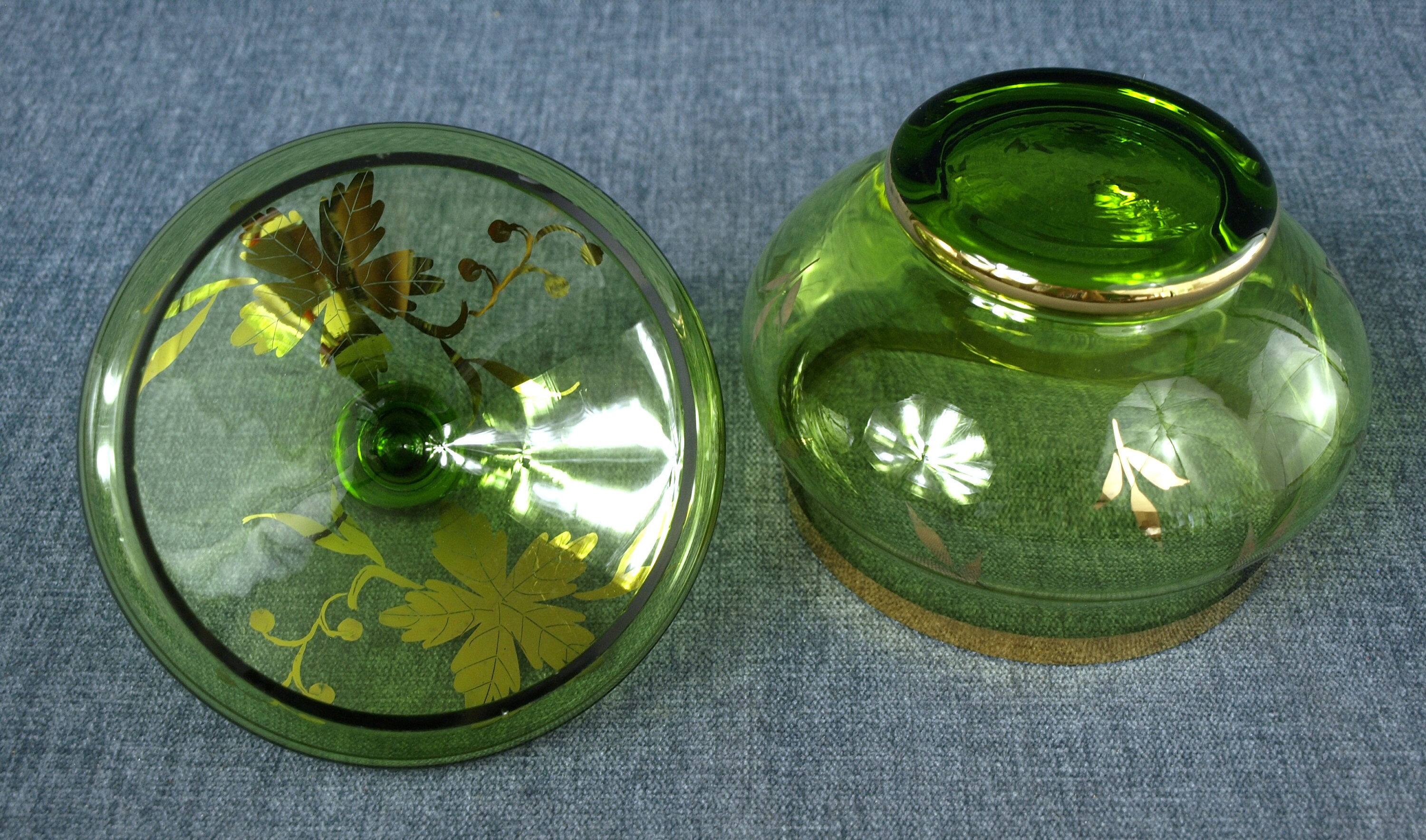 Vintage Mid Century Green Glass Candy Dish With Lid & Gold Etsy