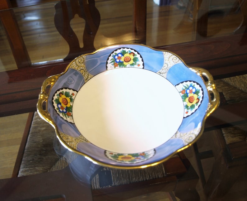 Noritake Hand Painted Double Handle Vintage Serving Bowl \u2013 Blue and White with Floral Design and Gold Trim