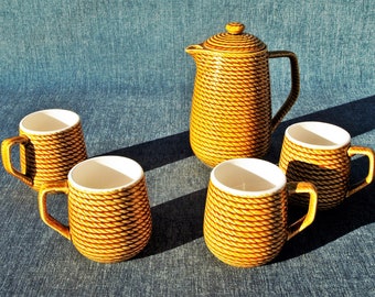 Vintage Royal Sealy Japan Rope Coil Majolica Coffee Pot with 4 Mugs / Cups - Mid Century Japanese Ceramic Pottery