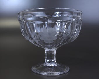 Vintage Etched Floral Glass Footed Dessert Bowl or Champagne Coupe with Paneled Design