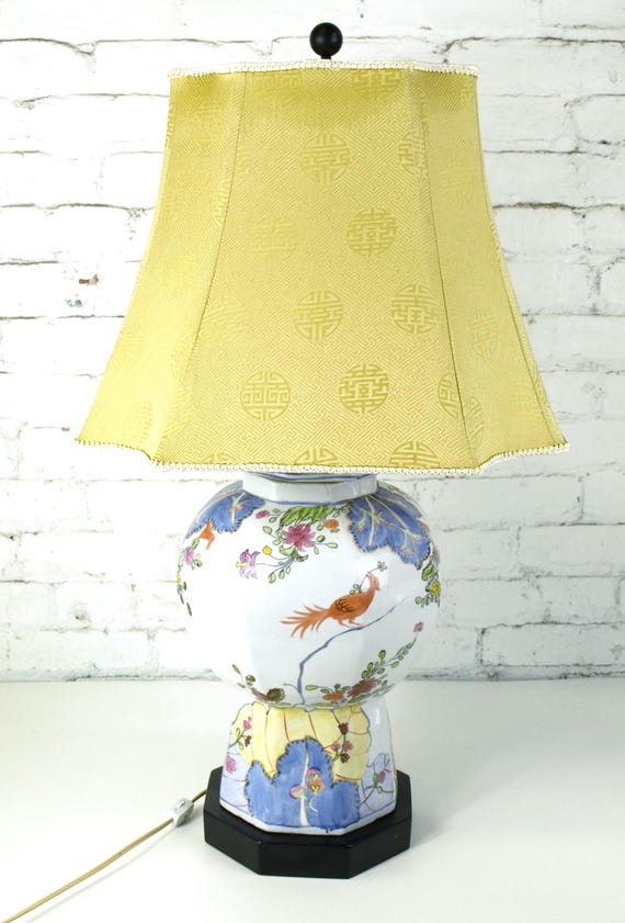 Vintage Faience 'Chinese Tobacco Leaf' Pattern Table Lamp, Circa late  1960's - Hand Painted in Italy w/ *New* Custom Made Lamp Shade