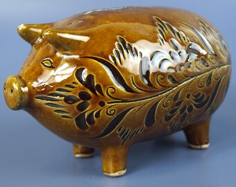 Vintage Sgraffito Treacle Glaze Ceramic Smash Folk Art Piggy Bank Likely Made in Eastern Europe 7.5" L x 4" T x 4.25" W