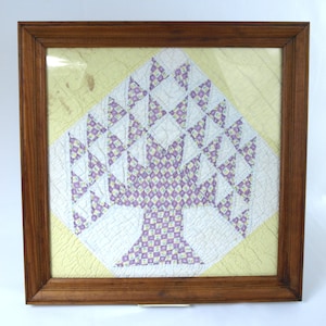 Antique / Vintage Tree of Life Quilt in Wood Frame - Yellow, Purple and White - 19.25&quot; square - Hand Made