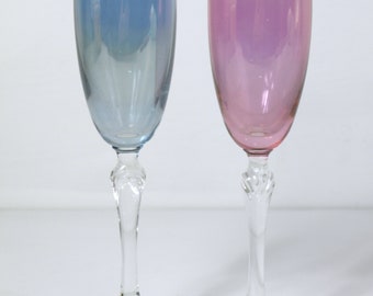 Vintage Crystal Champagne Stems, Set of 2- Blue & Pink Iridescent Glass Flutes w/ Elaborate Formed Stems- Likely made in Czechoslovakia