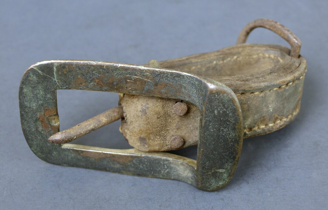 Antique Horse Tack, Leather W/ Solid Brass Buckle & Iron D Ring Possibly Cinch Parts Aged, Good