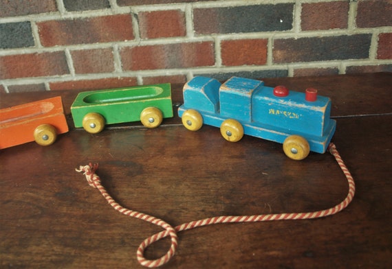 Vintage Playskool Wooden Wood Train Set Toddler Pull Along Toy