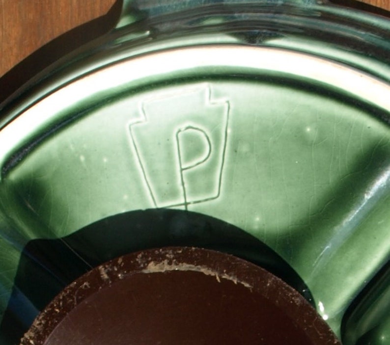 Very Rare Early Pfaltzgraff Green Drip Glaze Lazy Susan Platter Plate circa 1920 \u2013 Keystone Symbol with Large P mark