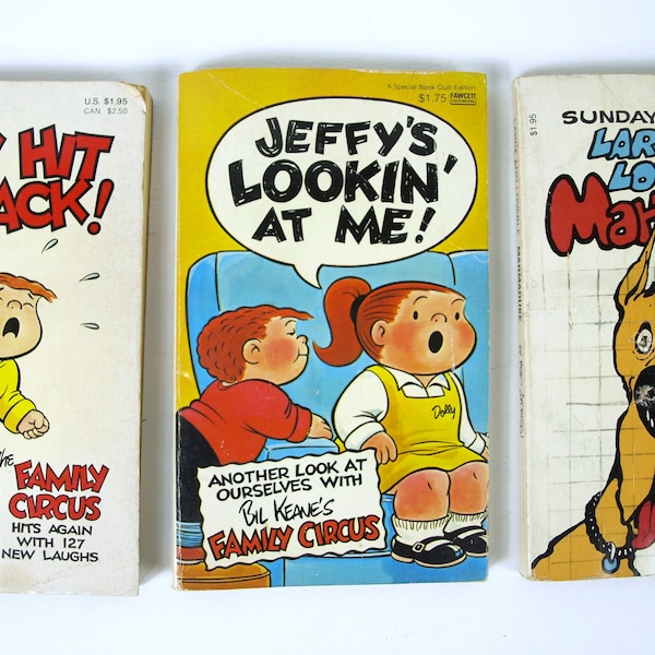 Family Circus and Marmaduke Paperback Sunday Comic Books - 1976 Jeffy's Lookin' At Me, 1979 Dolly Hit Me Back! and 1979 Large and Lovable
