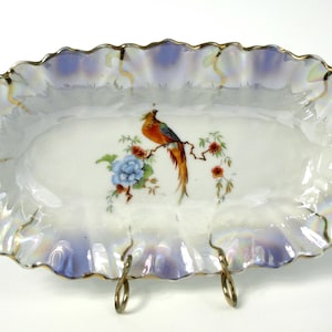 Antique German Luster Ware Pheasant Floral Pattern Relish / Celery Dish Made in Germany Early 1900s - crack on handle