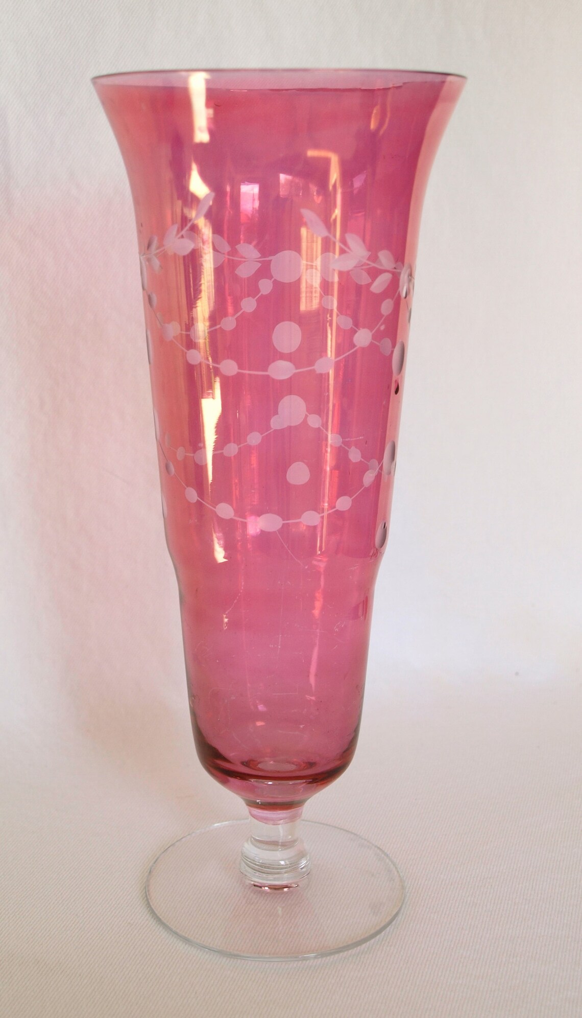 Vintage Footed Cranberry Pink Glass Fluted Vase W Flora Etsy