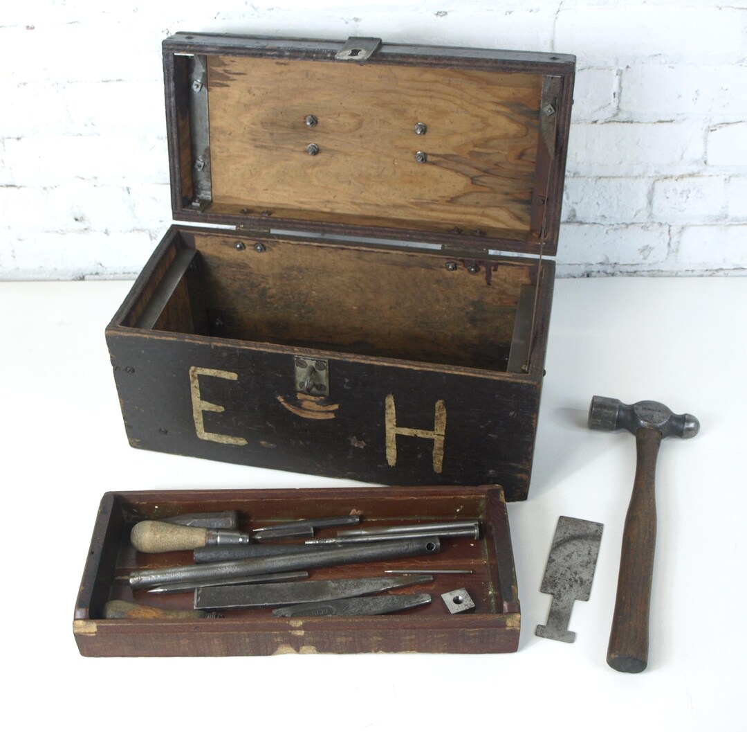 Vintage Hand Made Wood Tool Box W Tools: B & S Co. Ball Peen Hammer ...