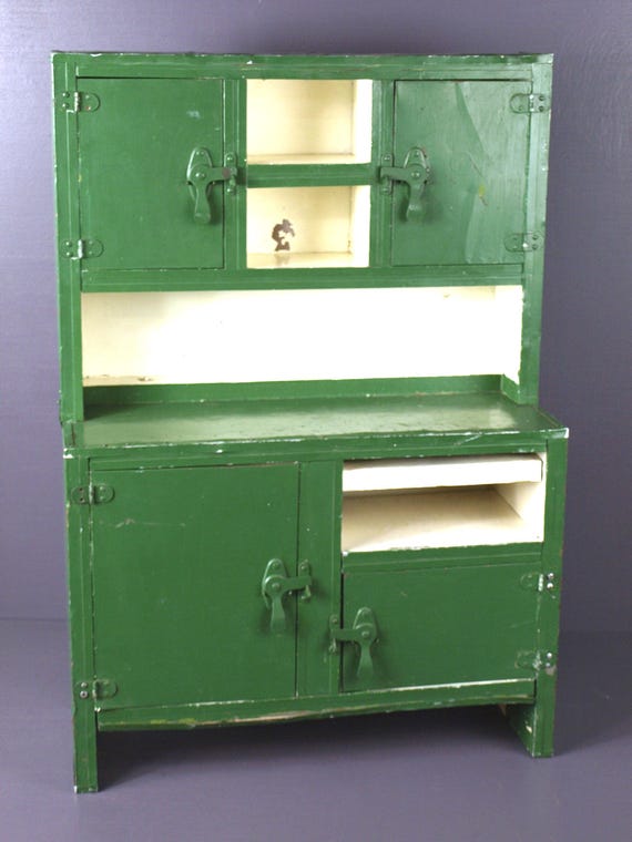 Vintage Handmade Child's Metal Covered Wooden Hoosier Kitchen