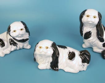 Vintage Victorian Staffordshire Style Black & White Pekingese Mantle Dogs / Hearth Spaniels Ceramic Pottery Statues - Set of 3