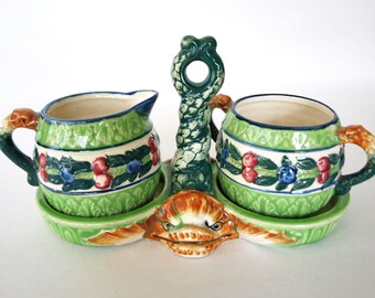 Vintage Majolica Sugar Bowl and Creamer with Mythical Sea Creature / Dragon / Serpent Handle Tray – Midcentury Japan