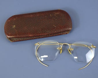 Vintage Shuron 1/10 12K Gold Filled Rimless Eyeglasses, circa 1930s with Eyeglass case | Eyeglasses need Light Repair