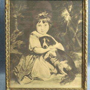Miss Bowles and Her Dog by Joshua Reynolds Sepia Tone Lithograph Print in Gold Tone Ornate Frame - Girl and Cocker Spaniel  -  13" x 11"