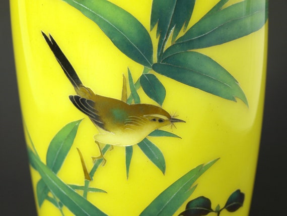 昭和期のヴィンテージ、安藤七宝焼花瓶（鳥と竹） - 安藤マーク - 高さ