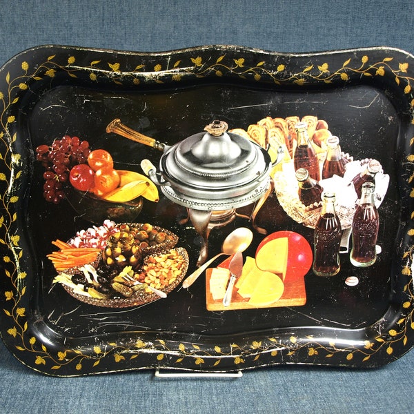 Vintage Coca Cola aka Coke Pressed Tin TV Dinner Serving Tray - with Soda, Chaffing Dish, Cheese Board, Desserts and Appetizers / Food