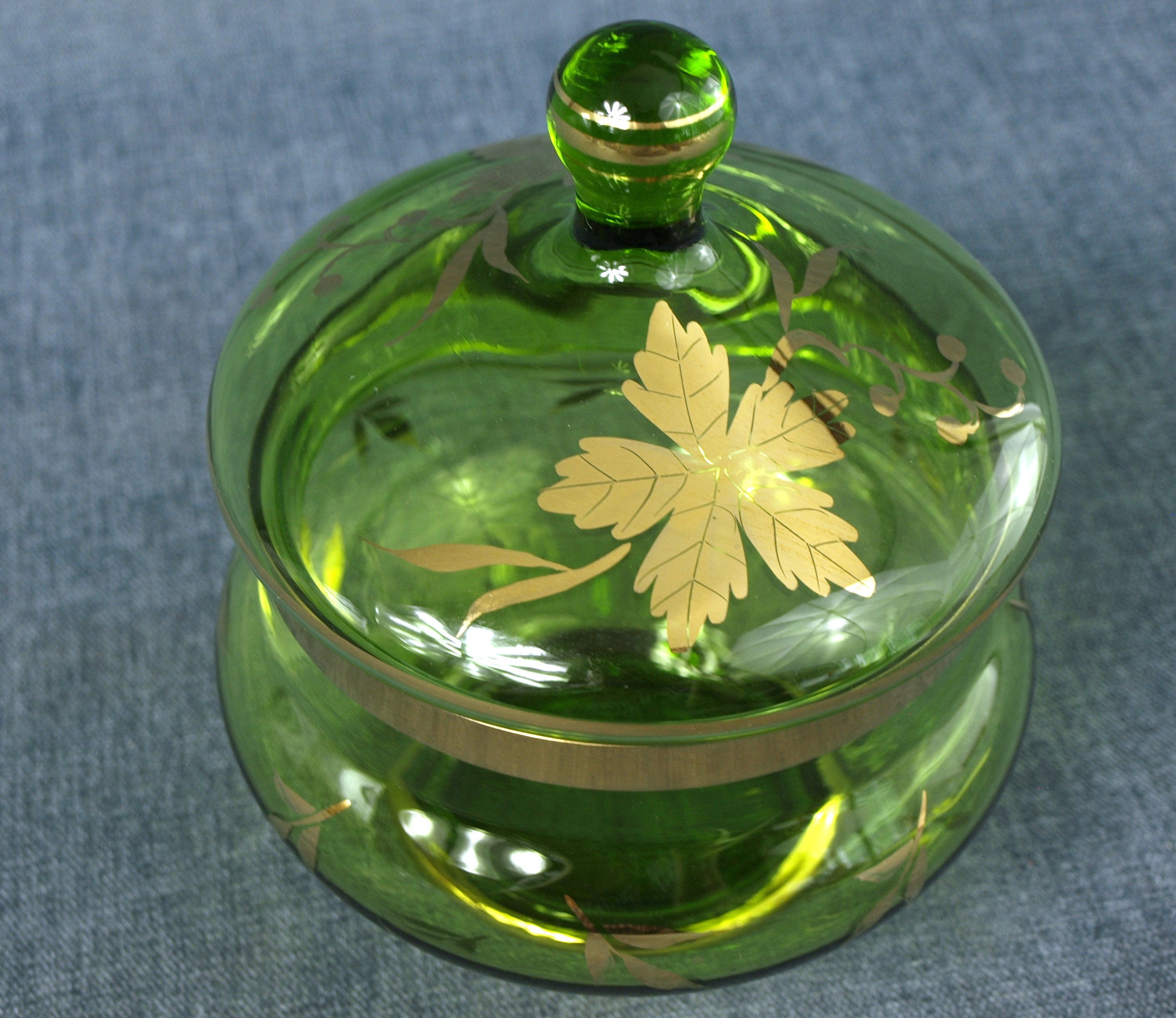 Vintage Mid Century Green Glass Candy Dish With Lid & Gold Etsy