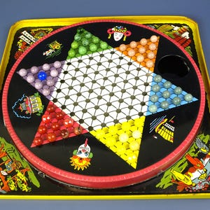 Vintage Woodhaven Metal Stamping Co. Chinese Checkers & Traditional Checkers Game Board - Stamped Tin Litho Game with Marbles - 15.25"