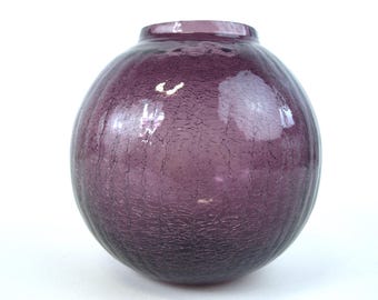 Vintage Amethyst Purple Crackle Glass Rose Bowl - 5.75" Mid Century Blown Art Glass Globe Vase