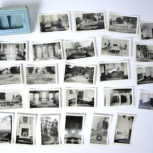 May include: A set of 25 black and white vintage photographs of Monticello, the home of Thomas Jefferson, in Charlottesville, Virginia. The photographs show various rooms, exterior views, and details of the house.