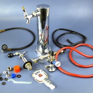 Draft Beer Kegerator Faucets lot - Chrome Draft Beer Tower Miller Lite Tap Handle Keg Coupler Probe Banner Lines - Barware Keg - Great Cond