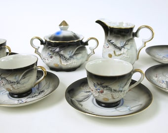 Vintage Japanese Moriage Dragonware Tea Set, Circa 1940's - 11 Pieces including Creamer, Sugar Bowl w/ Lid, 3 Cups & 5 Saucers - VG