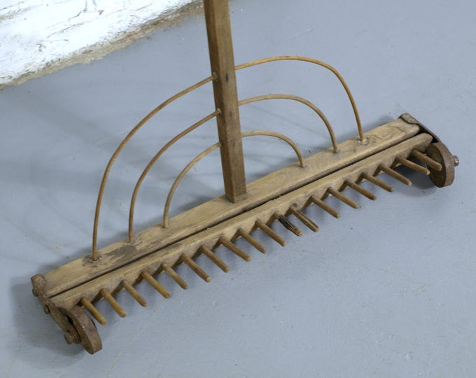 Antique Handmade Hay Rake W/ Steel Wheels & Pivoting Rake Comb Assembly ...