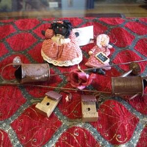 Mixed Lot of Miniature Pieces - Hand Carved Doll, Cloth Black Doll, Water Can Ornaments, and Bird Houses