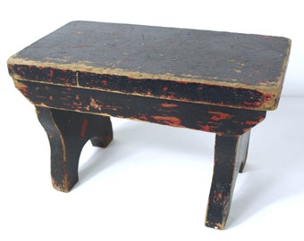 Antique Painted Primitive Hand Crafted Wooden Foot Stool - Likely 1930's (or before) - Painted Red, then Black - Country Farmhouse Primitive