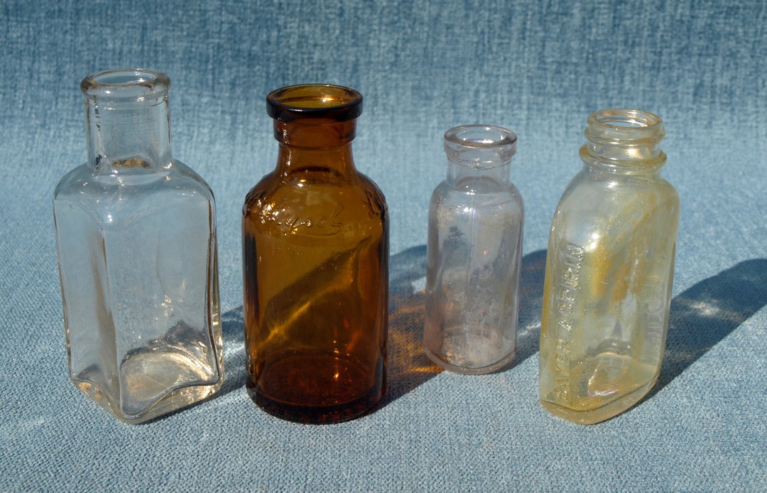 Vintage / Antique Small Glass Medicine Bottles Lot of 4 W Brown Lysol L.F. Prod Corp & Bayer
