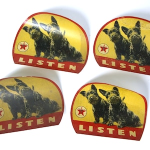Vintage TEXACO "Listen" Advertising Stickers featuring Scottie Dogs - Circa 1931 - Scottish Terriers - Petroleum Co. Collectibles - Lot of 4