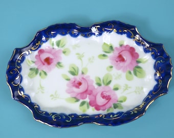 Vintage Nippon Porcelain Peony Small Trinket Dish Salt and Pepper Underplate with Cobalt Blue and Gold Scalloped Rim