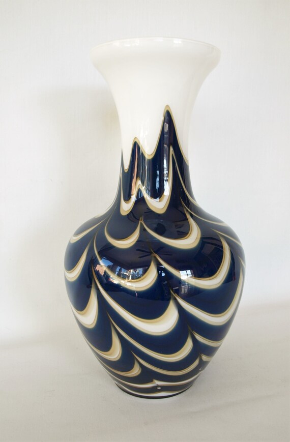 Art Glass Vase in Blue White and Gold Swirl Design and Encased with Clear Glass art glass vase in blue white and gold ref=sold out 15