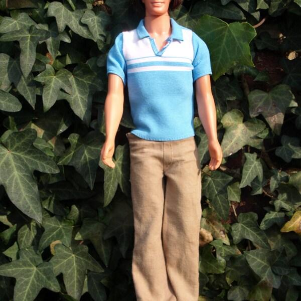 1968 Mattel Ken Doll with Brown Hair and Blue Eyes with Blue Shirt and Khaki Pants – excellent condition – 12” tall