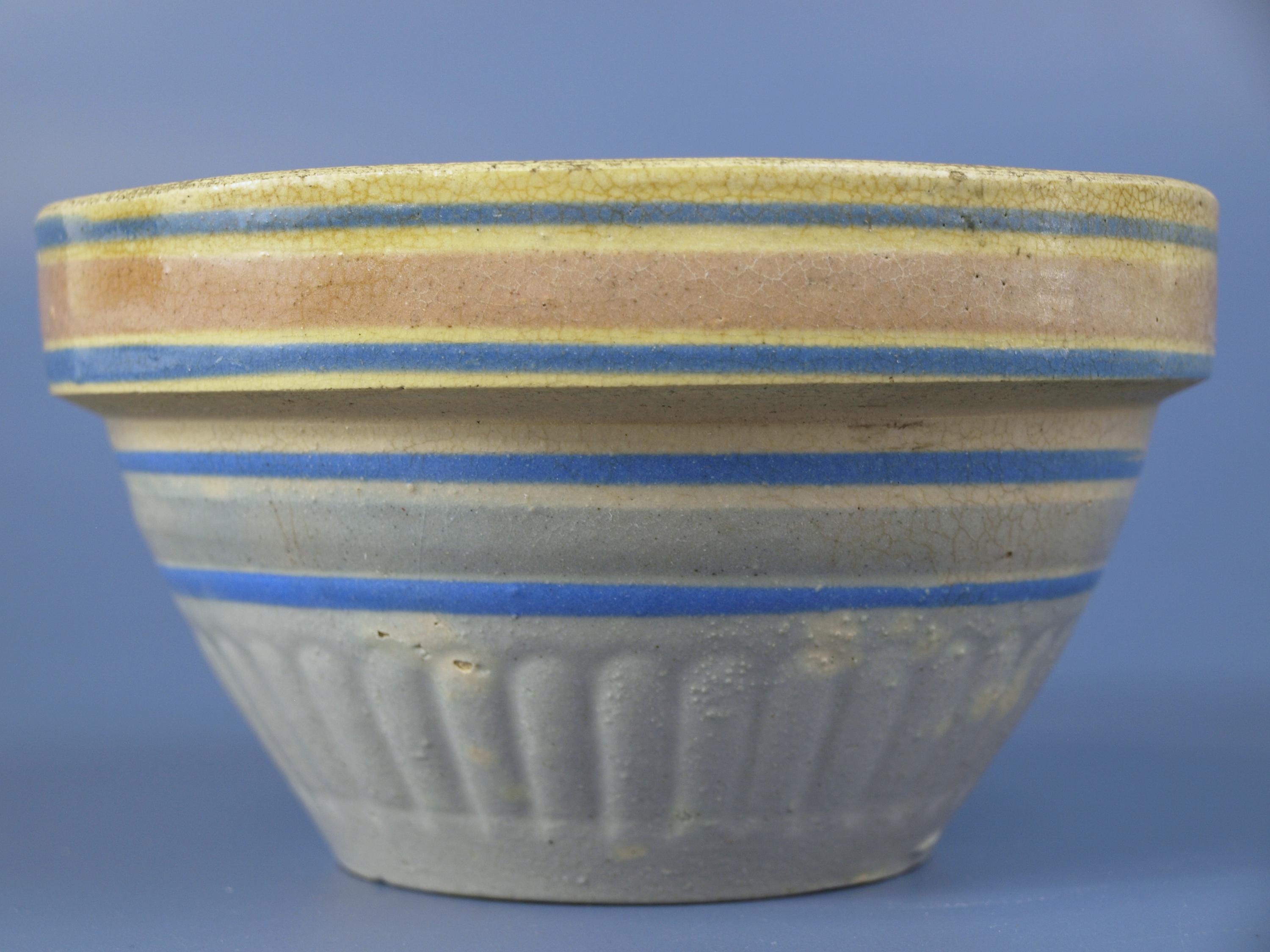 Antique Stoneware Yelloware / Yellow Ware Small Mixing Bowl with Light Blue Glaze and Pinstripes - 6.25" dia x 3.5" tall