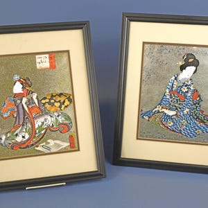 Vintage Pair of Japanese Geisha Figures Dufex Foil Art Prints