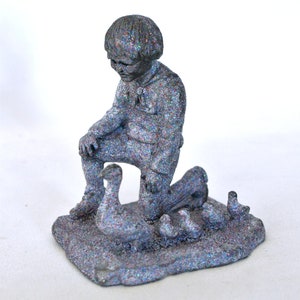 Metal Sculpture Figurine of a Boy with Duck and Ducklings – 3” tall