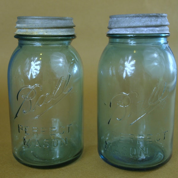 Antique Aqua Blue Ball Glass Mason Jars with Zinc Lids Quart Size Circa 1910 - 1923 Lot of 2