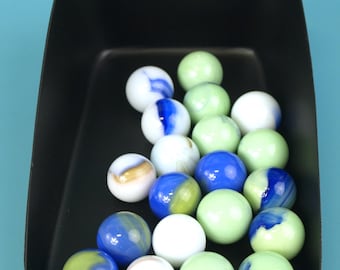 Vintage, possibly Antique, Glass Marbles, 19 count in various large sizes | Seafoam Green, Blue, White & Brown | Shooter Marbles