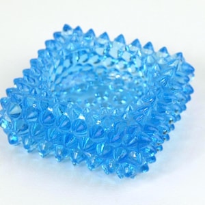 Vintage Fenton Blue Spiky Hobnail Square Glass Salt Cellar / Tea Candle Holder or Ring Dish - 3&quot; - Great Condition 1 Chip