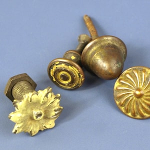 Antique Solid Brass Cabinet / Drawer Pulls - Acorn, Floral, Swirl & Concentric Designs - Mismatched Set of 4