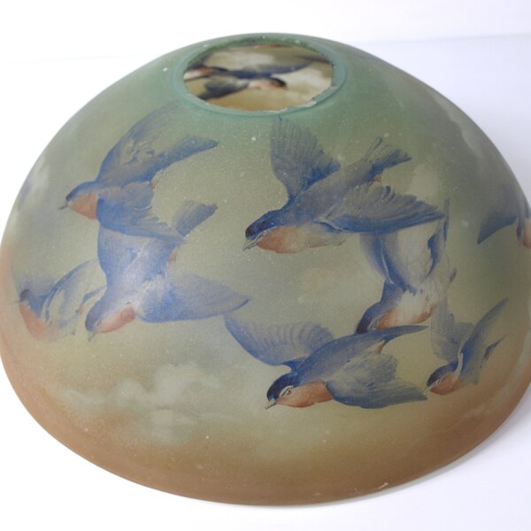 Antique Obverse Hand Painted Glass Shade featuring Bluebirds in Flight, circa 1900's - possibly Pittsburgh Lamp, Brass & Glass Co. - Good+
