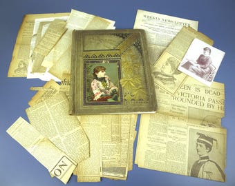 Antique 1901 Victorian Scrapbook Album: Queen Victoria Death Clippings, Literary Ephemera including James Whitcomb Riley, George Bancroft